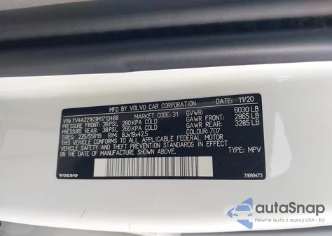 2021 Volvo Xc90 T6 Momentum 6 Passenger from USA, damaged, VIN YV4A221K9M1713468